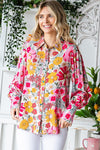 First Love Floral Print Button Down Long Sleeve Shirt - Curvy Size