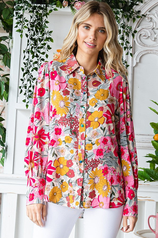 First Love Floral Print Button Down Long Sleeve Shirt - Curvy Size