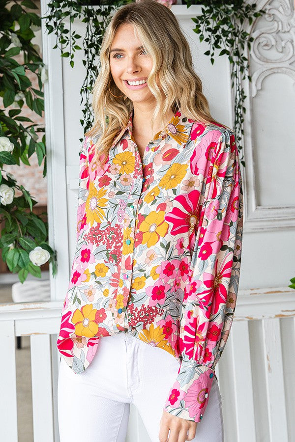 First Love Floral Print Button Down Long Sleeve Shirt - Curvy Size