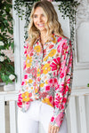 First Love Floral Print Button Down Long Sleeve Shirt - Curvy Size