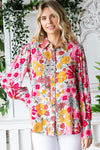 First Love Floral Print Button Down Long Sleeve Shirt - Curvy Size
