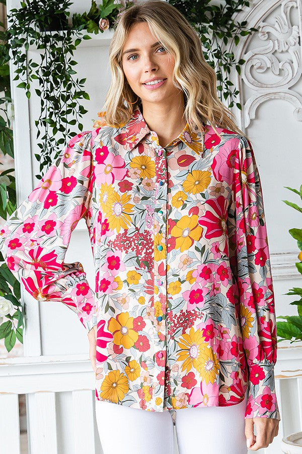 First Love Floral Print Button Down Long Sleeve Shirt - Curvy Size