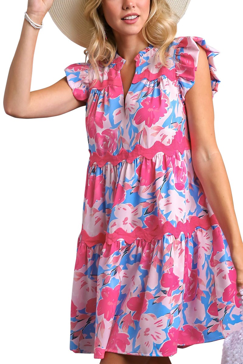 Umgee V-Notched Floral Print Dress Ric Rac Trim Details