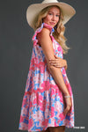 Umgee V-Notched Floral Print Dress Ric Rac Trim Details