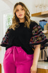 Embroidered Tiered Ruffle Elbow Sleeve Top