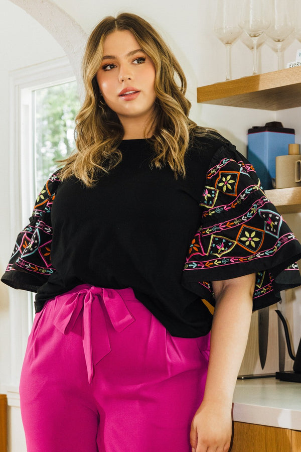 Embroidered Tiered Ruffle Elbow Sleeve Top