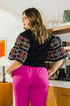 Embroidered Tiered Ruffle Elbow Sleeve Top