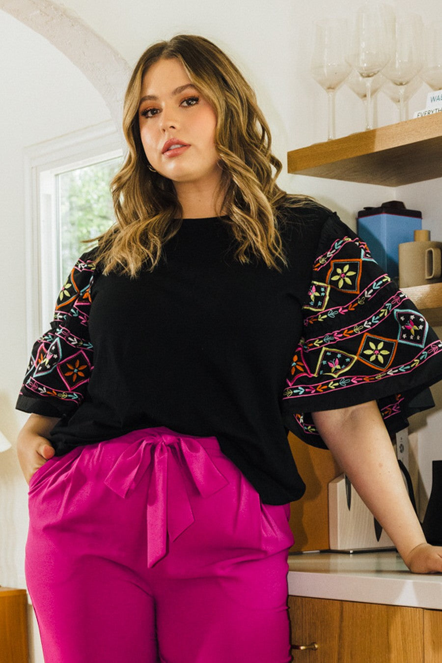 Embroidered Tiered Ruffle Elbow Sleeve Top