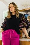 Embroidered Tiered Ruffle Elbow Sleeve Top