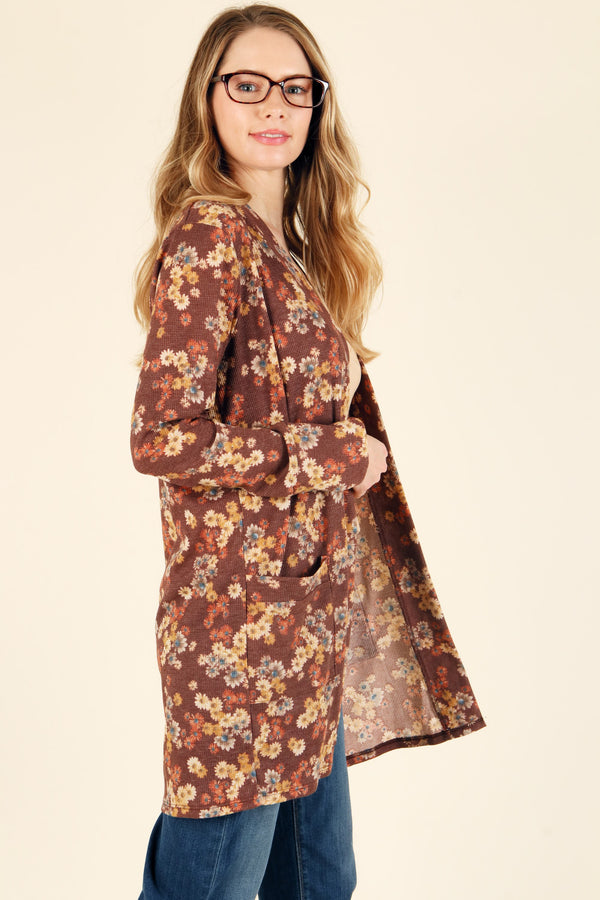 Thermal floral prnt pocket cardigan - Curvy Size