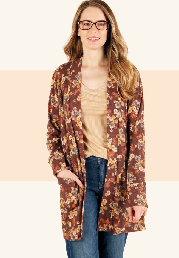 Thermal floral prnt pocket cardigan - Curvy Size