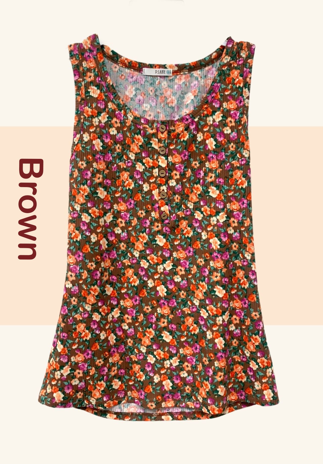 Floral print rib henley top - Curvy Size - 2 Colors