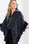 Washed Button Up Oversized Blouse with Sequin Ruffle Sleeves
