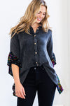 Washed Button Up Oversized Blouse with Sequin Ruffle Sleeves
