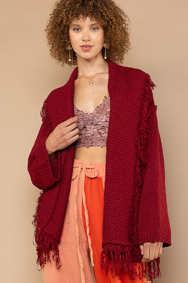 POL Open Front Shawl Collar Waist Tie Cardigan Sweater