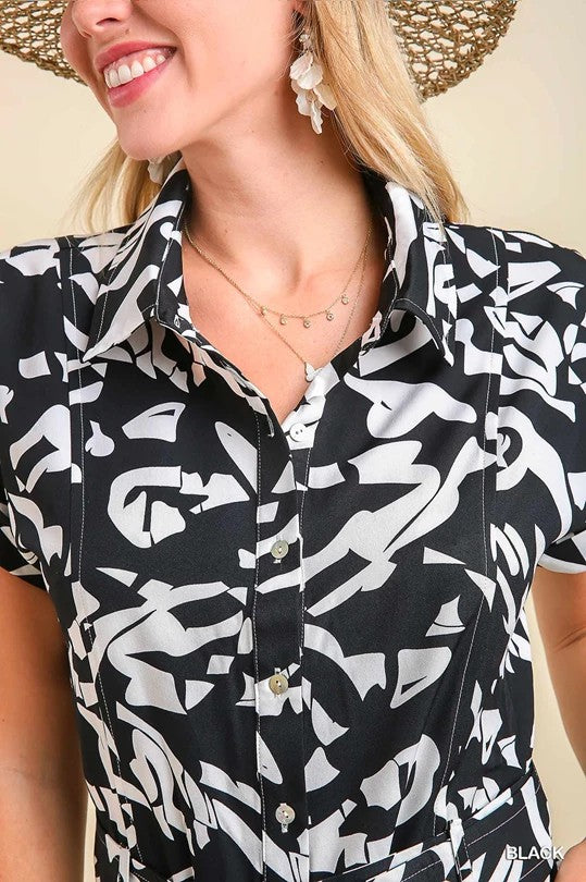 Abstract Collared Romper with Adjustable Belt