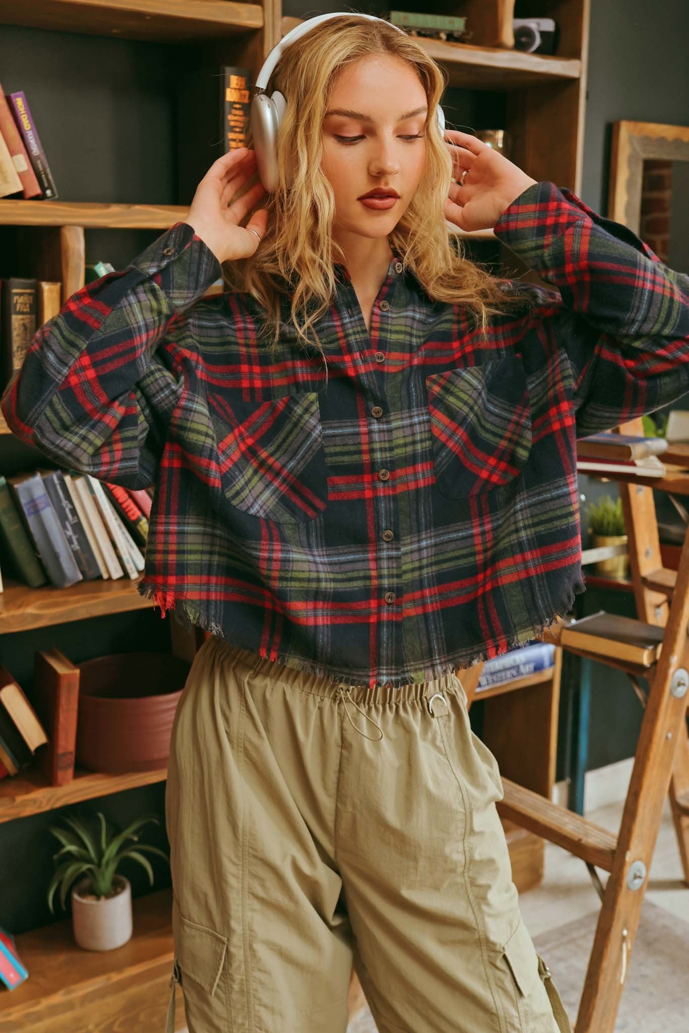 Cropped Fray Hem Plaid Shirt