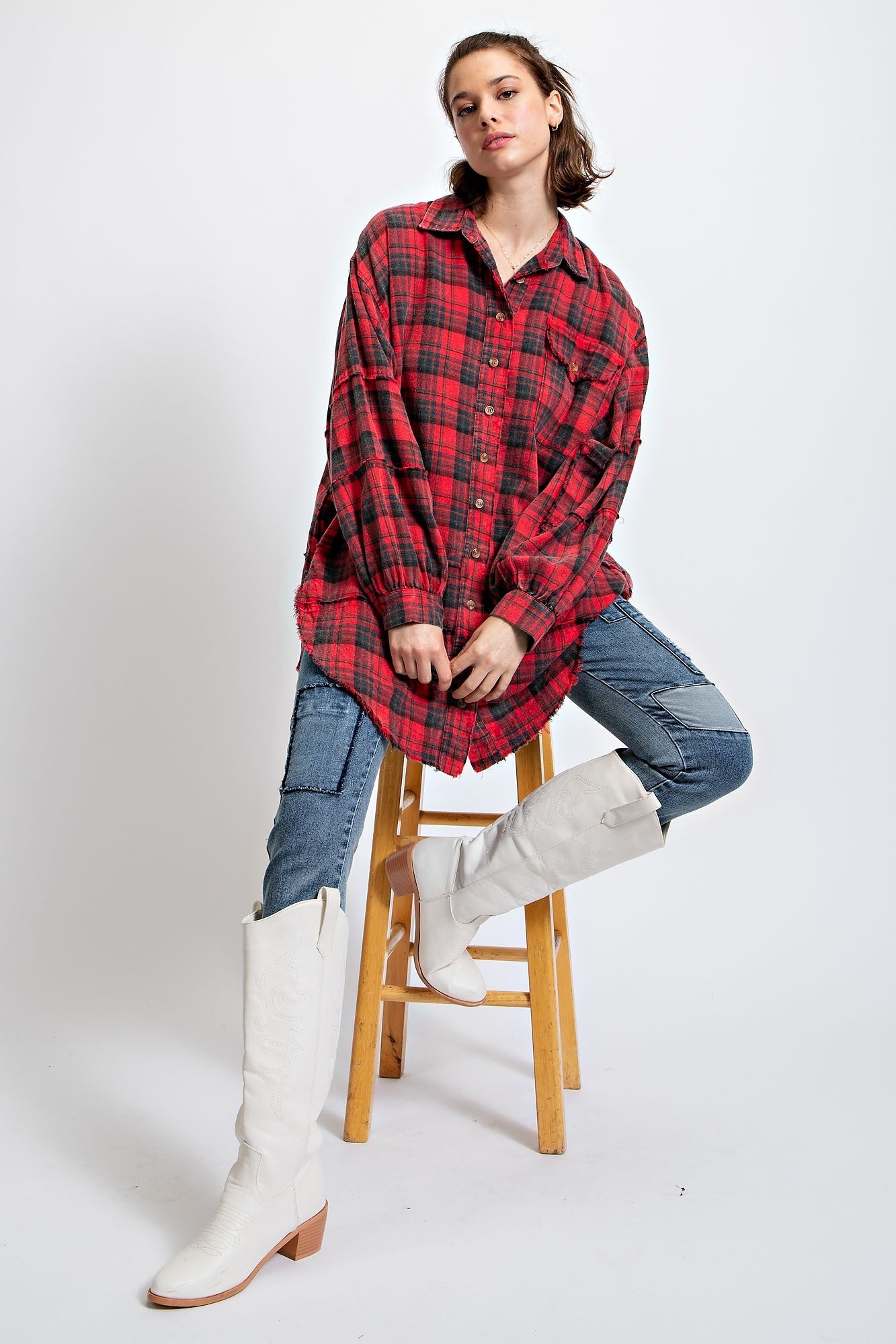 Mineral Washed Plaid Shirt - Curvy Size