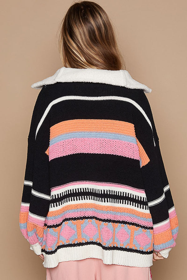 POL High collar half zipper ethnic color block sweater