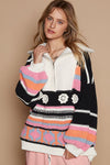 POL High collar half zipper ethnic color block sweater