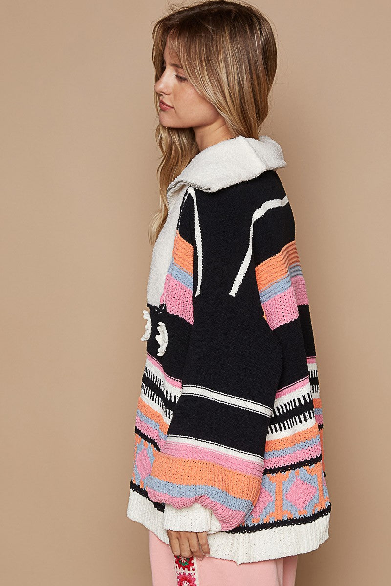 POL High collar half zipper ethnic color block sweater