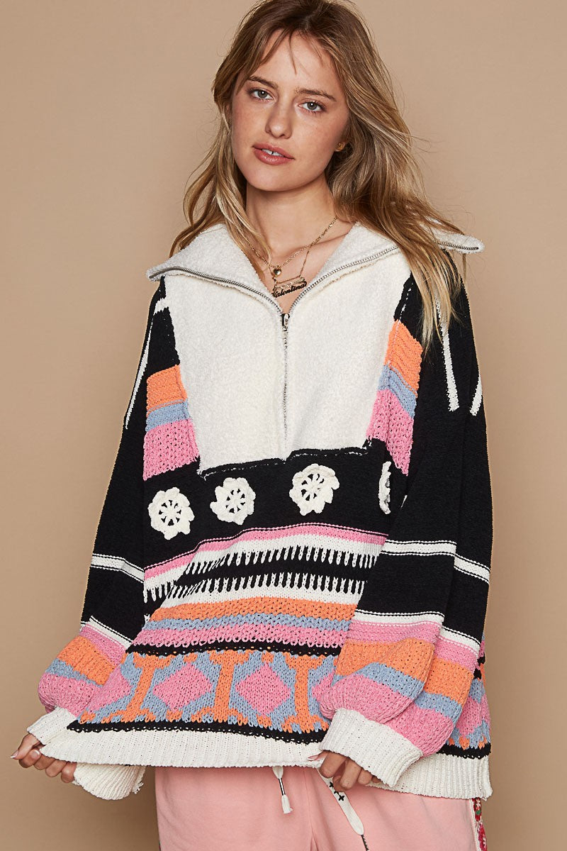 POL High collar half zipper ethnic color block sweater