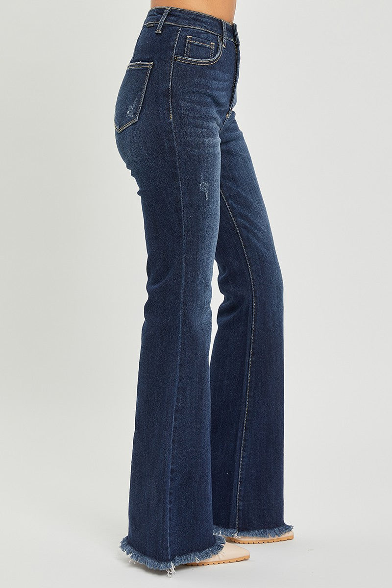 SALE Risen High Rise Vintage Frayed Hem Flare Jeans