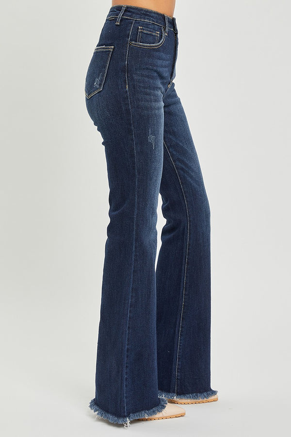 SALE Risen High Rise Vintage Frayed Hem Flare Jeans