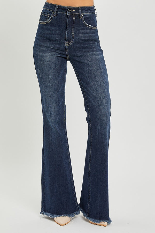 SALE Risen High Rise Vintage Frayed Hem Flare Jeans