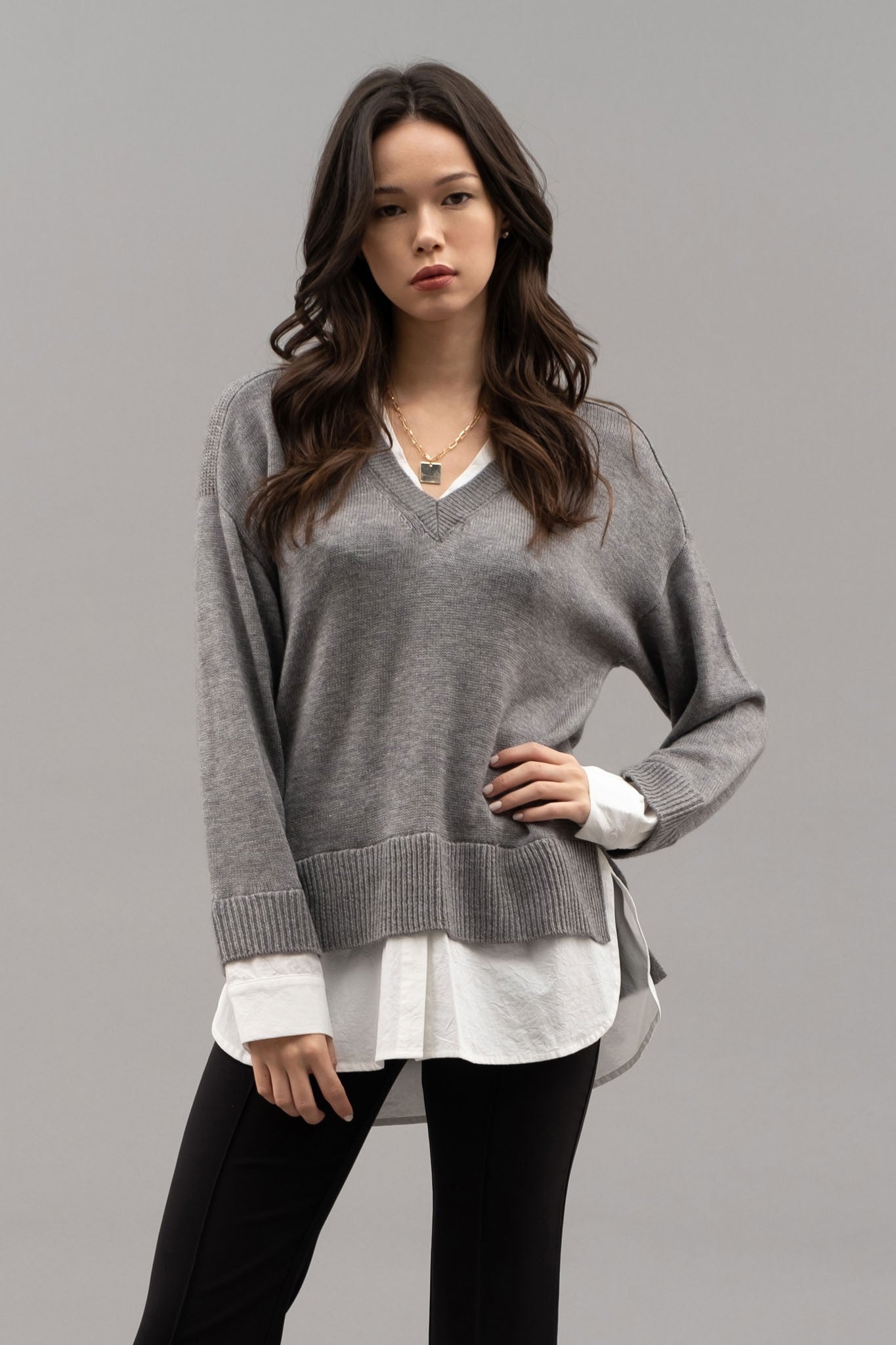 Layered V-neck Long Sleeve Sweater