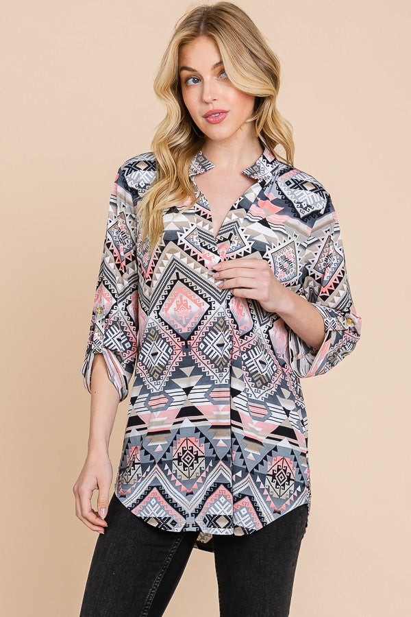 SALE Mandarin Collar Neck Aztec Hi Low Top