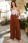 Wide Leg Solid Textured Knit Suspender Pants