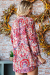 First Love Paisley Print Tie-Keyhole Neck Button Down Shirt - Curvy Size