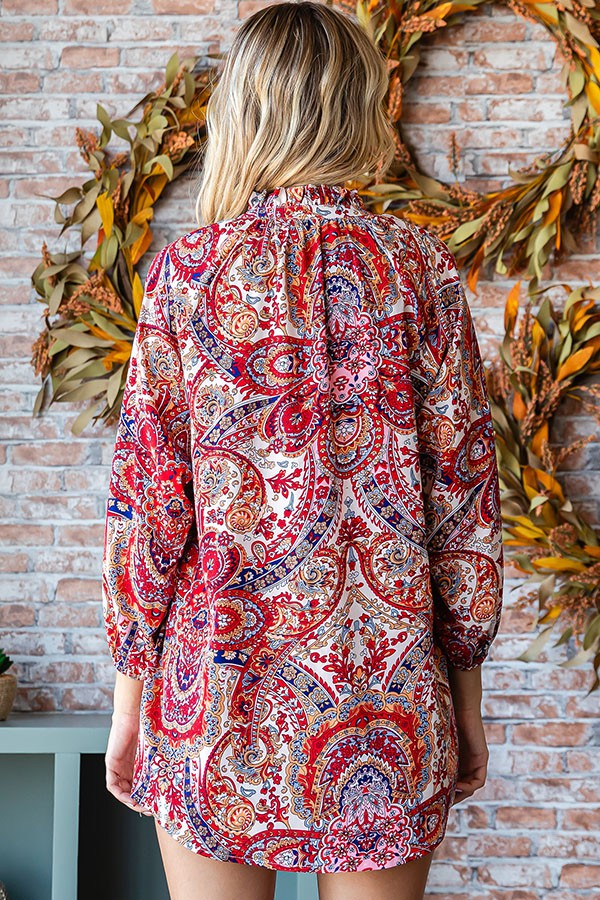 First Love Paisley Print Tie-Keyhole Neck Button Down Shirt - Curvy Size