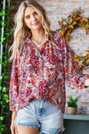 First Love Paisley Print Tie-Keyhole Neck Button Down Shirt - Curvy Size