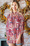 First Love Paisley Print Tie-Keyhole Neck Button Down Shirt - Curvy Size