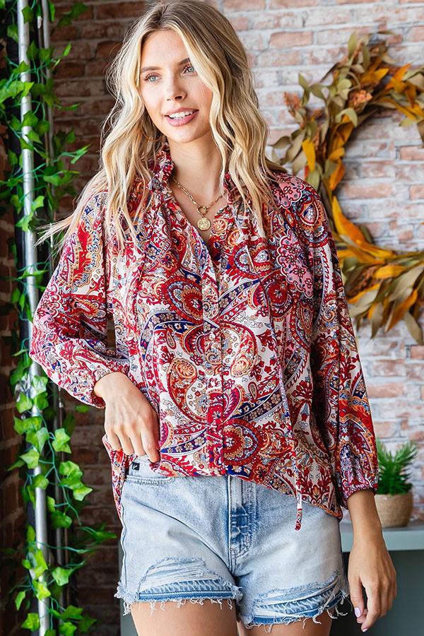 First Love Paisley Print Tie-Keyhole Neck Button Down Shirt - Curvy Size