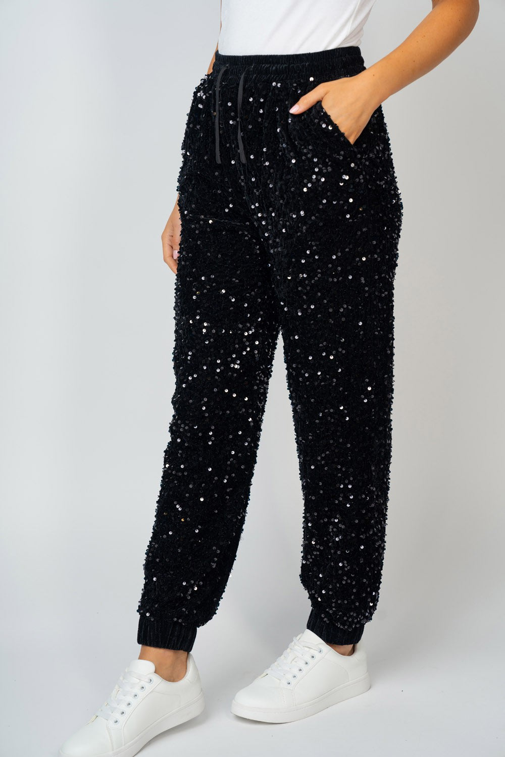 High Waisted Sequin Knit Joggers - Curvy Size