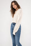 Ruffle Neck Tie Plisse Long Sleeve Top