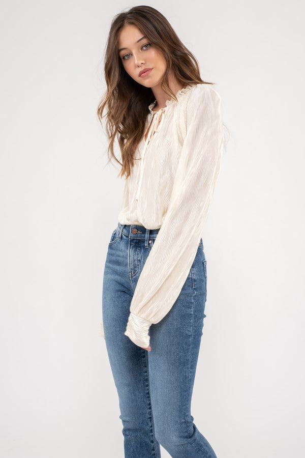 Ruffle Neck Tie Plisse Long Sleeve Top