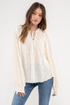Ruffle Neck Tie Plisse Long Sleeve Top