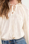 Ruffle Neck Tie Plisse Long Sleeve Top