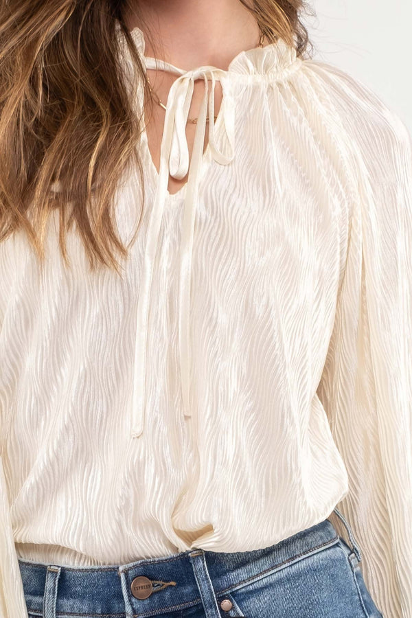 Ruffle Neck Tie Plisse Long Sleeve Top