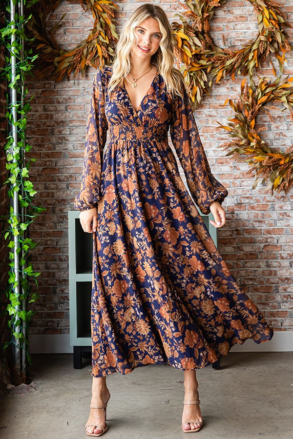 SALE First Love Floral Print Surplice Smocked Waist Maxi Dress - Curvy Size
