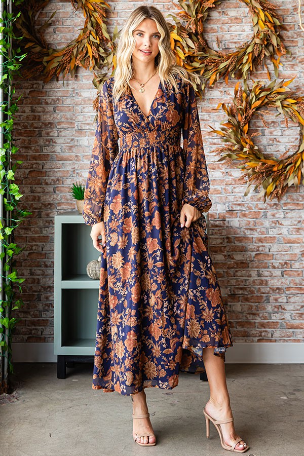 SALE First Love Floral Print Surplice Smocked Waist Maxi Dress - Curvy Size