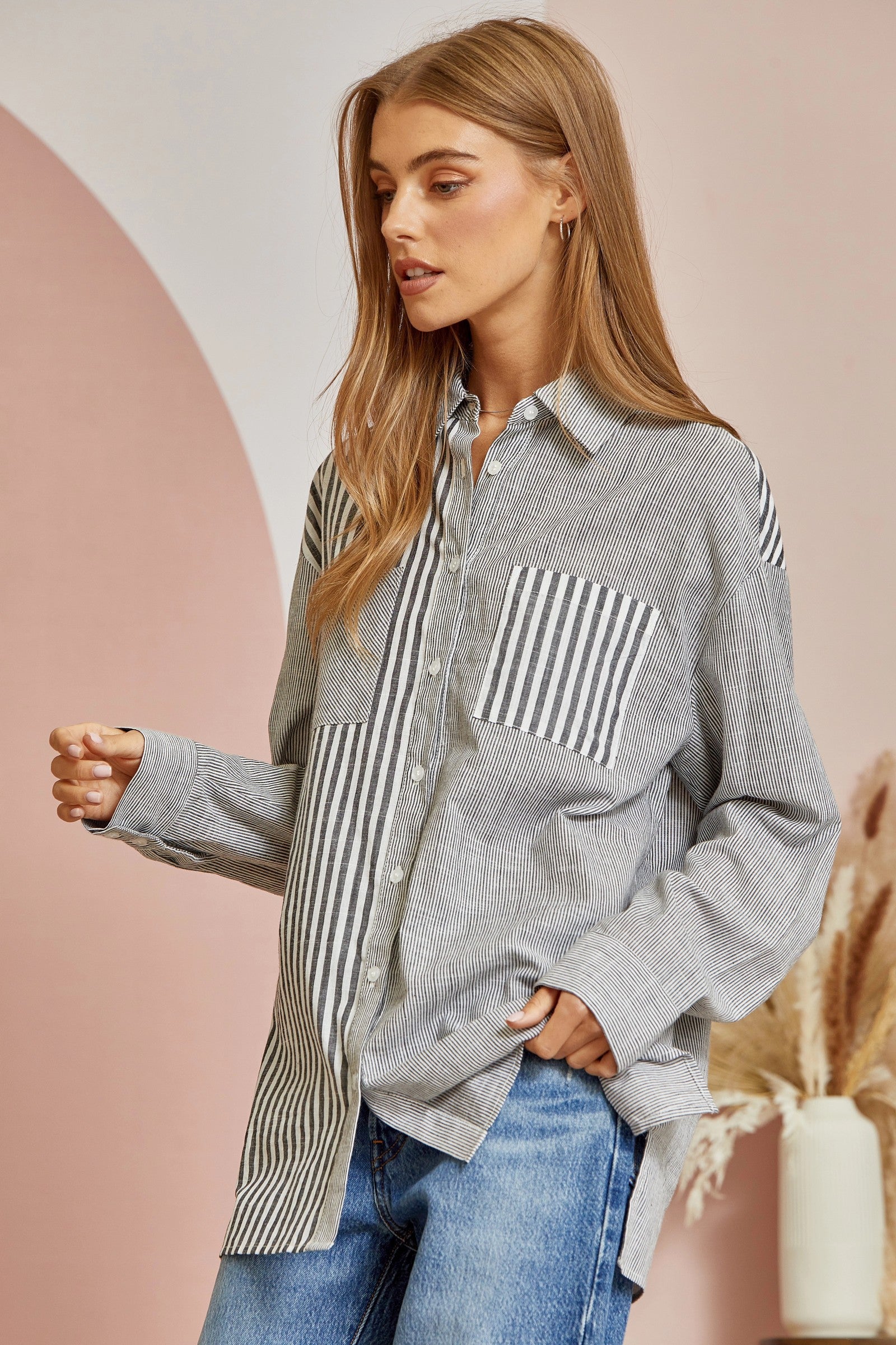 Striped Button Down Shirt - Curvy Size