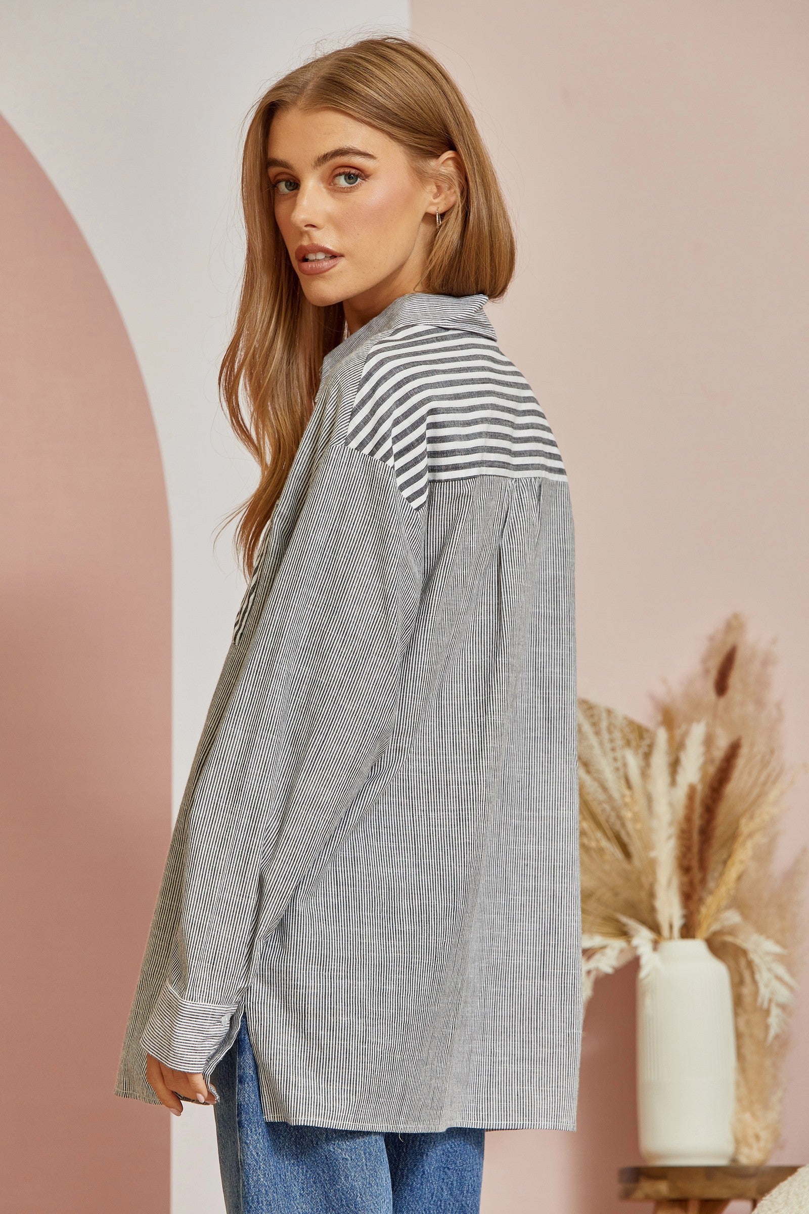 Striped Button Down Shirt - Curvy Size