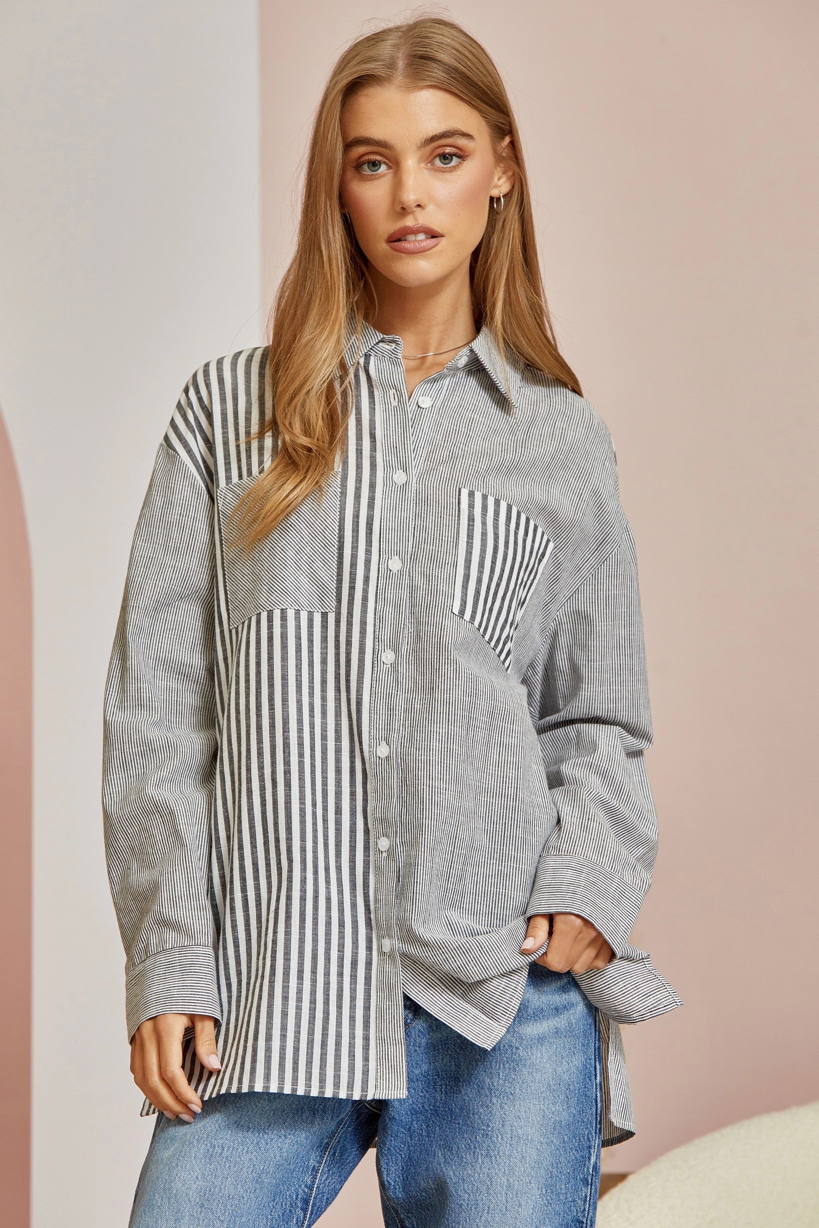 Striped Button Down Shirt - Curvy Size