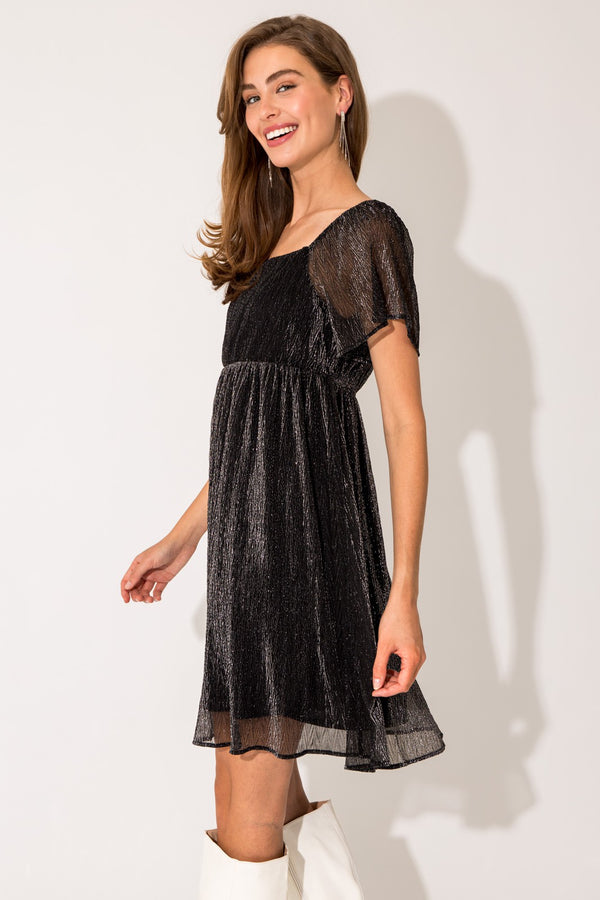 Short Sleeve Square Neck Textured Lurex Dress