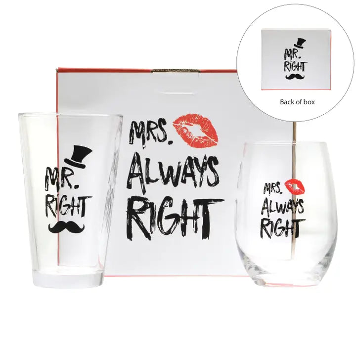 Mr. Right and Mrs. Always Right - Wine & Beer Glass Combo